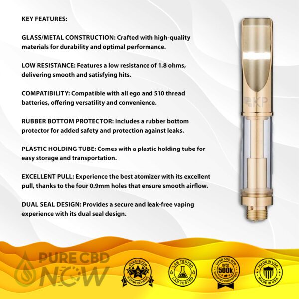 Features of The Kind Pen Gold Empty Cartridge with Wickless .5 ml 510 Thread
