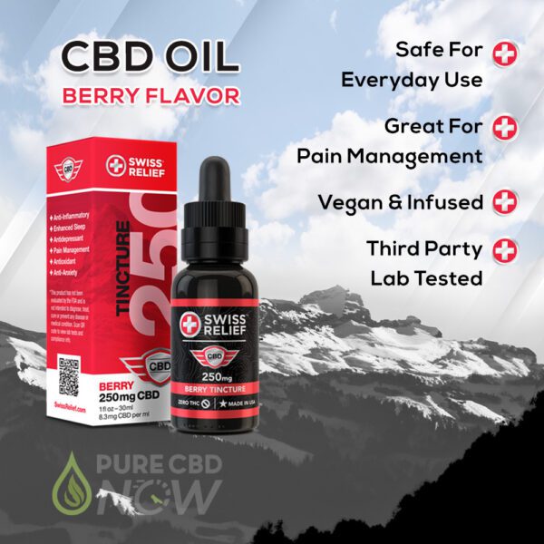 Swiss Relief Berry CBD Oil Tincture Fact Sheet (great for pain management - third party lab tested - vegan and infused - safe for everyday use)