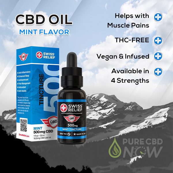 Swiss Relief Mint CBD Oil Tincture Fact Sheet (Helps with muscle pain - thc free - vegan and infused - available in 4 strengths
