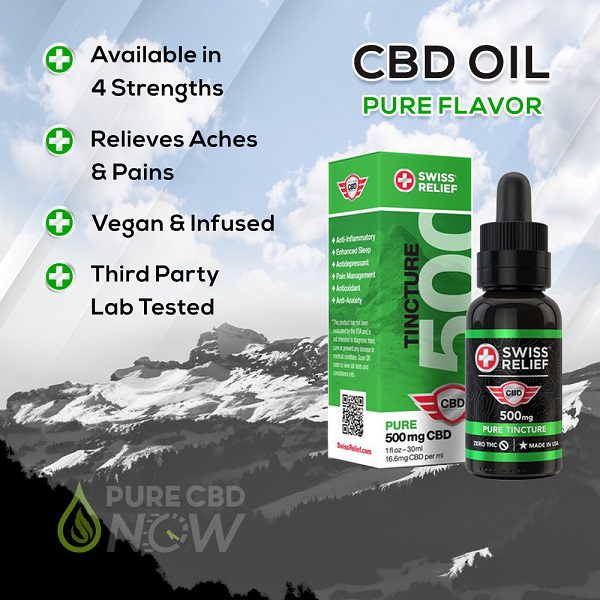 Swiss Relief Pure CBD Oil Tincture Fact Sheet (relieves aches and pains - third party lab tested - vegan and infused - available in 4 strengths