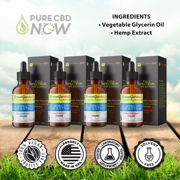 All Four Green Garden Gold Full Spectrum Hemp Extract products next to each other with Ingredients (Vegetable Glycerin Oil, Hemp Extract)