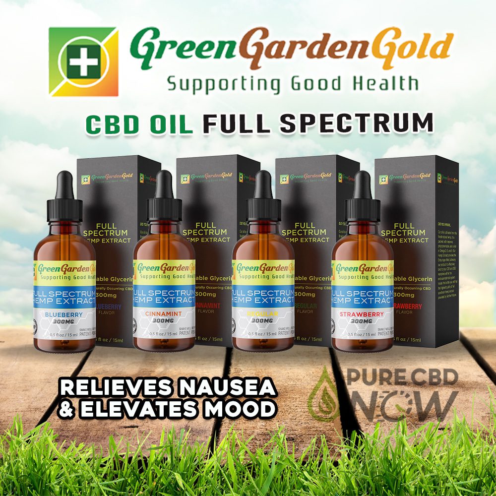 All Four Green Garden Gold Full Spectrum Hemp Extract products next to each other.