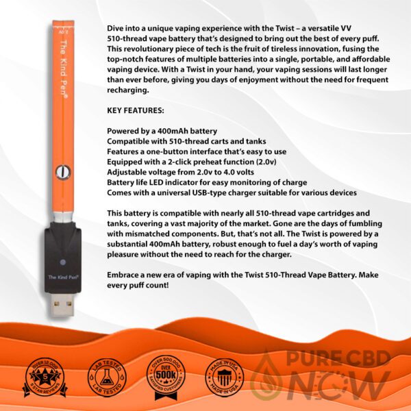 Features of The Kind Pen Twist — VV 510-Thread Vape Battery