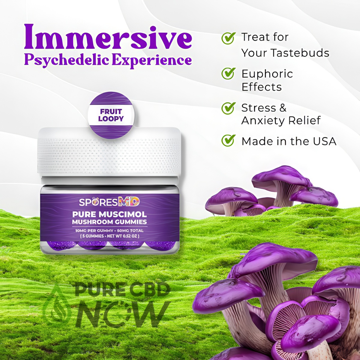 Pure Muscimol Gummies – Fruit Loopy Flavor 50mg - 10mg per Gummy