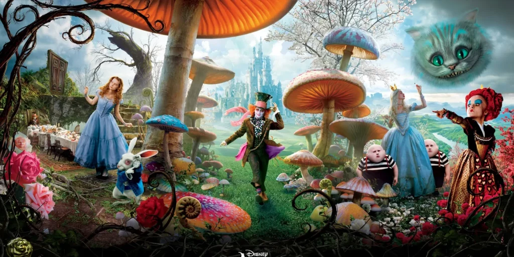 alice in the wonderland cover image featuring the cast and mushrooms.
