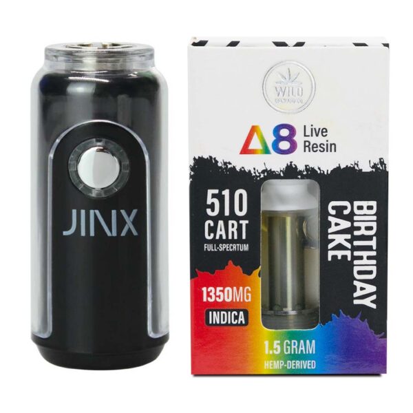 JINX FatBoy 510 Battery + Delta 8 Live Resin 1.5G 510 Cart Onyx Black color and Birthday Cake strain by Wild Orchard