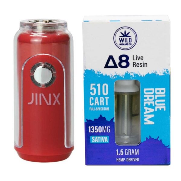 JINX FatBoy 510 Battery + Delta 8 Live Resin 1.5G 510 Cart Bright Red color and Blue Dream strain by Wild Orchard