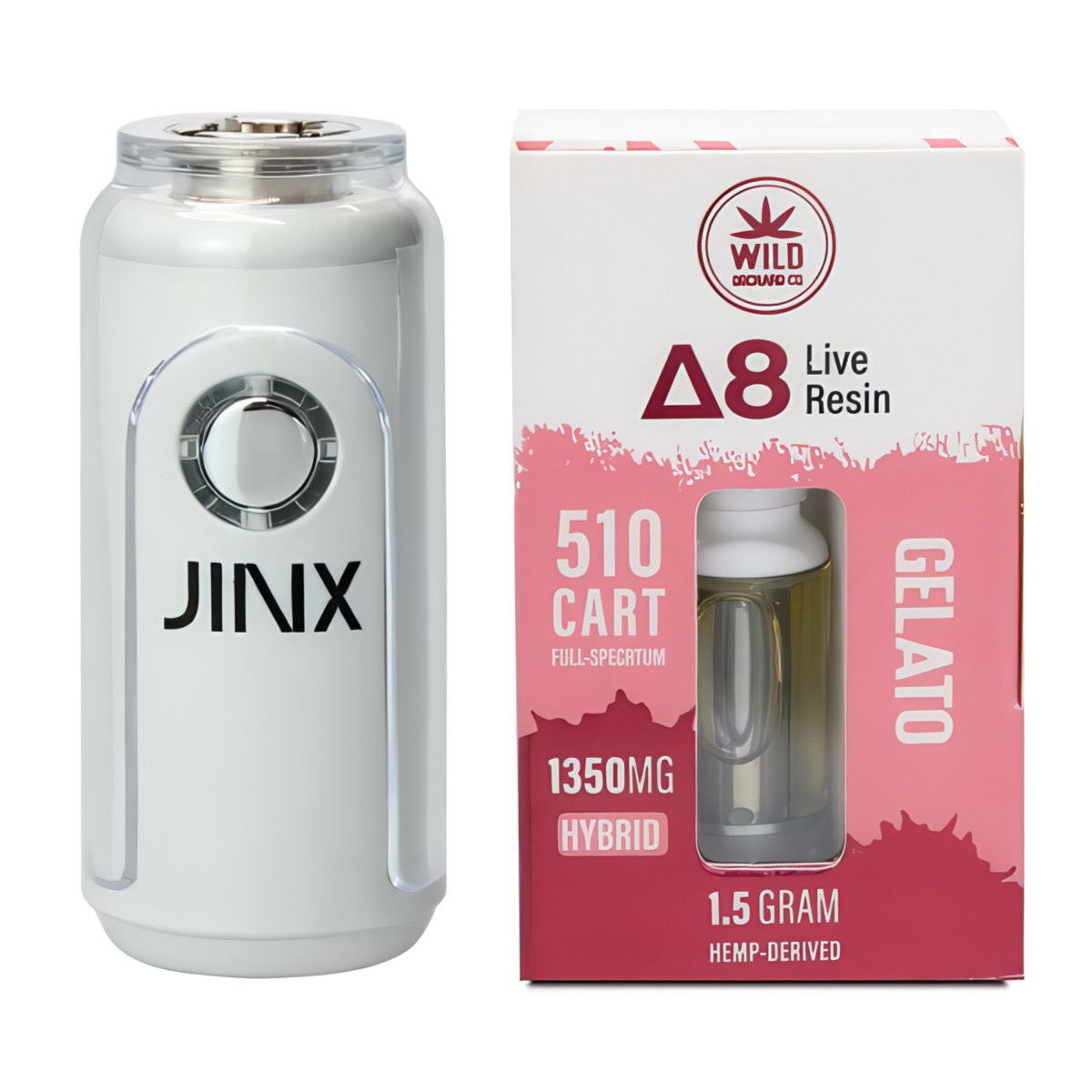 JINX FatBoy 510 Battery + Delta 8 Live Resin 1.5G 510 Cart Pure White color and Gelato strain by Wild Orchard