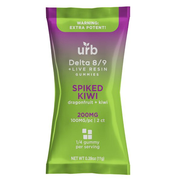 URB Delta 8 Delta 9 Live Resin Gummies 200mg infused with 50mg of delta 8 THC and 50mg of delta 9 THC each for a total of 100mg per gummy - Spiked Kiwi Flavor