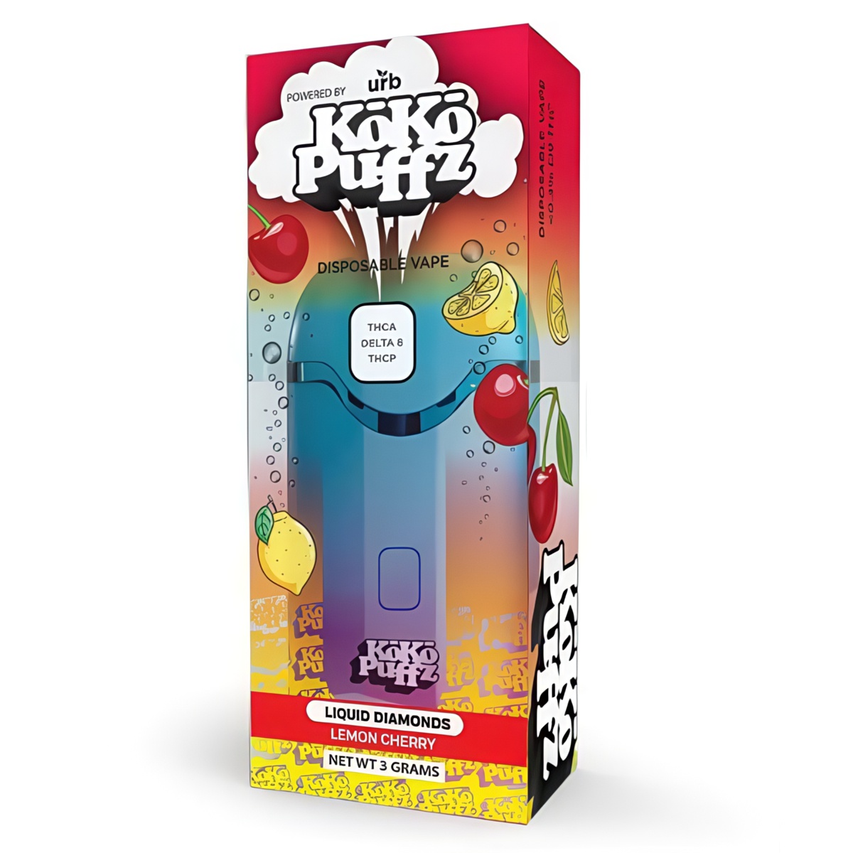 URB KoKo Puffz Liquid Diamonds Disposable Vape 3G rechargeable and disposable vape pen infused with THCA, THCP, and D8 - Lemon Cherry Strain