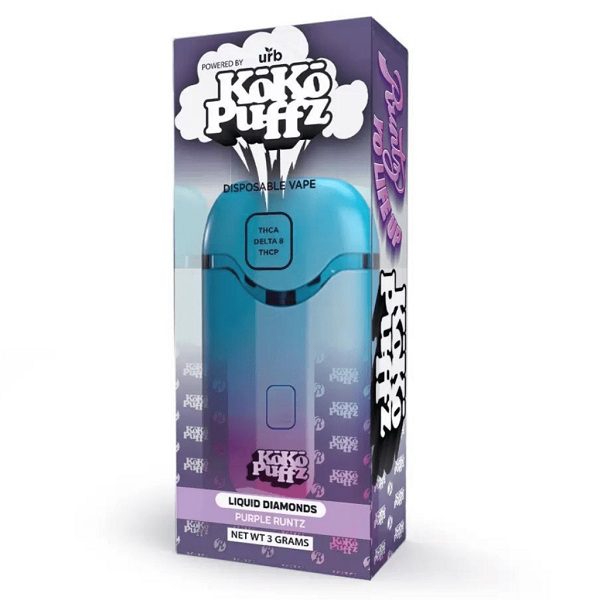 URB KoKo Puffz Liquid Diamonds Disposable Vape 3G rechargeable and disposable vape pen infused with THCA, THCP, and D8 - Purple Runtz Strain