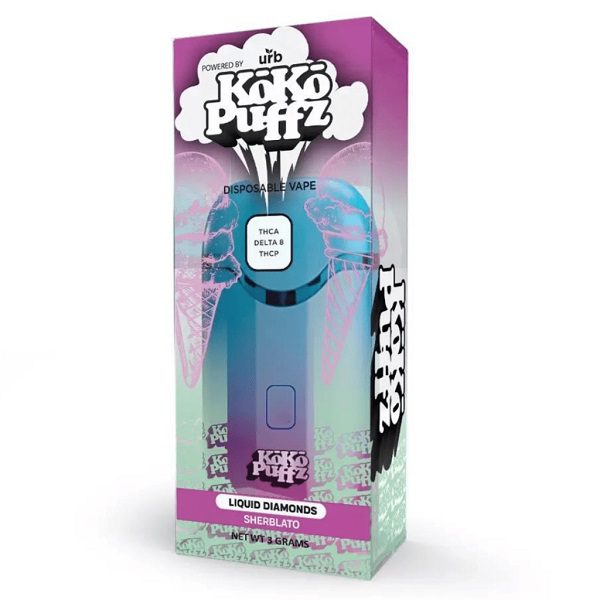 URB KoKo Puffz Liquid Diamonds Disposable Vape 3G rechargeable and disposable vape pen infused with THCA, THCP, and D8 - Sherblato Strain