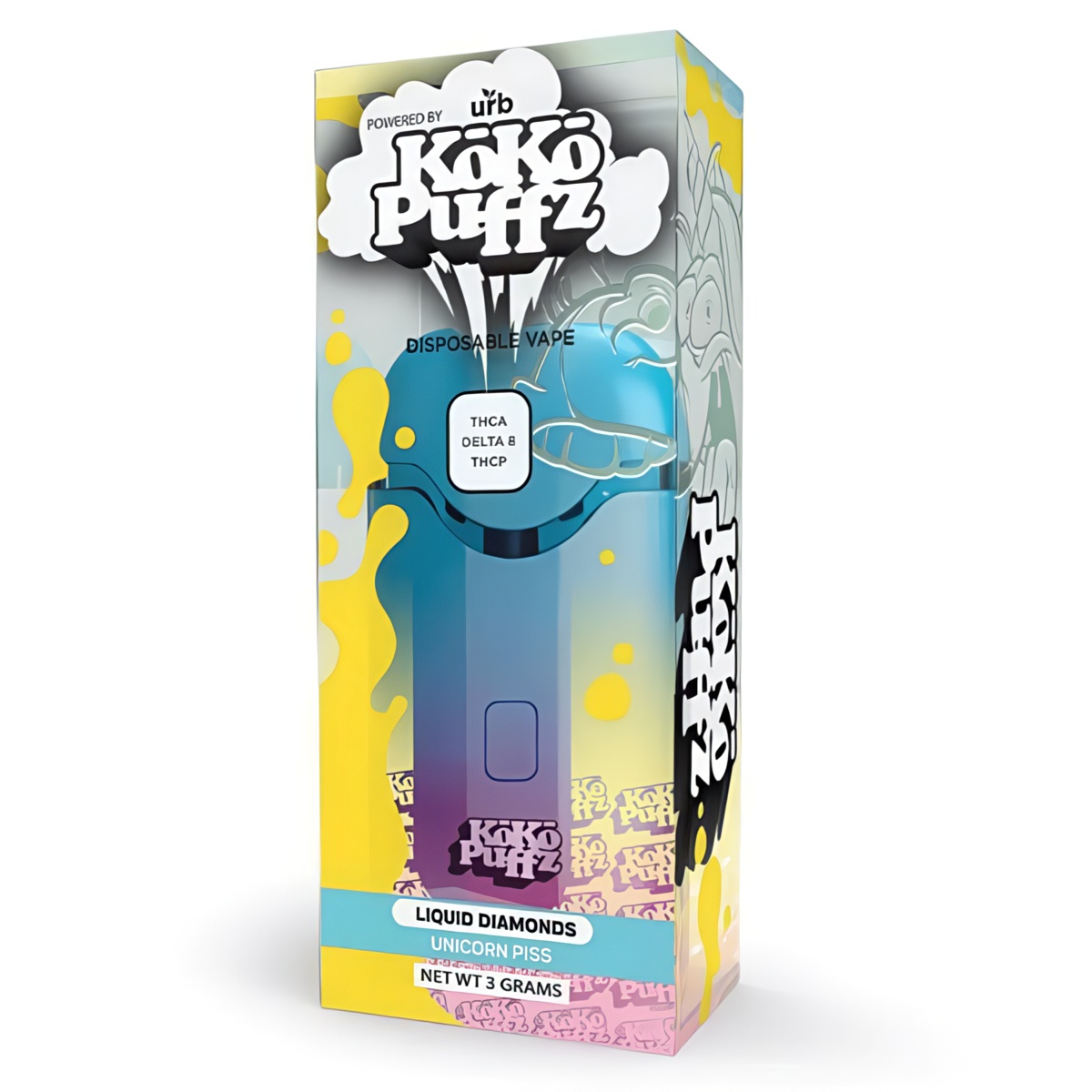 URB KoKo Puffz Liquid Diamonds Disposable Vape 3G rechargeable and disposable vape pen infused with THCA, THCP, and D8 - Unicorn Piss Strain