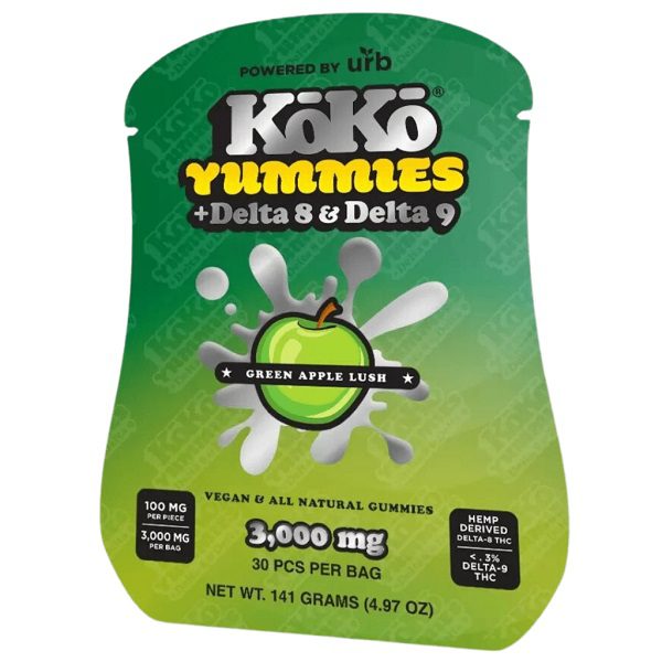 URB KoKo Yummies - 50mg Delta 8 THC and 50mg Delta 9 THC per gummy at 3000mg per package (30 gummies) - Green Apple Lush Flavor