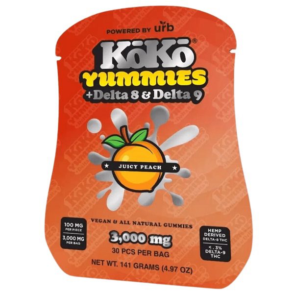 URB KoKo Yummies - 50mg Delta 8 THC and 50mg Delta 9 THC per gummy at 3000mg per package (30 gummies) - Juicy Peach Flavor