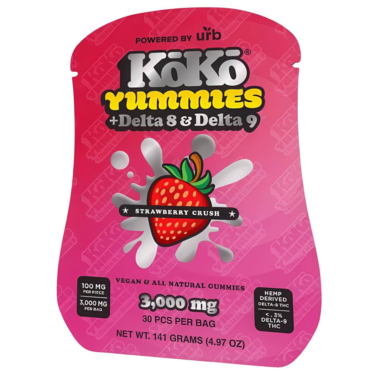 URB KoKo Yummies - 50mg Delta 8 THC and 50mg Delta 9 THC per gummy at 3000mg per package (30 gummies) - Strawberry Crush Flavor