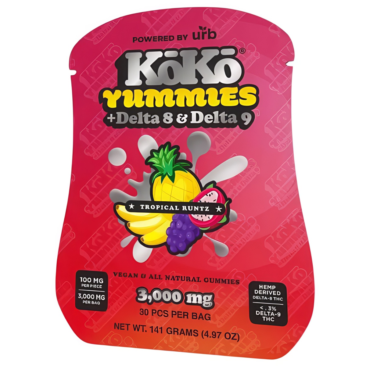 URB KoKo Yummies - 50mg Delta 8 THC and 50mg Delta 9 THC per gummy at 3000mg per package (30 gummies) - Tropical Runtz Flavor
