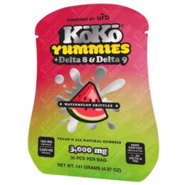 URB KoKo Yummies - 50mg Delta 8 THC and 50mg Delta 9 THC per gummy at 3000mg per package (30 gummies) - Watermelon Zkittlez Flavor