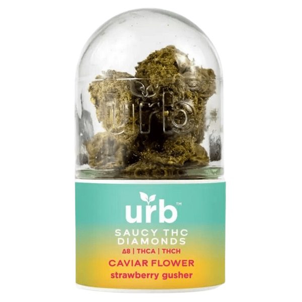 URB Saucy THC Blend Diamonds Caviar Flower 7 Grams infused with D8, THCA, and THCH flower - Strawberry Gusher Strain