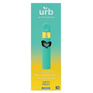 URB Saucy THC Diamonds Rechargeable and Disposable Vape Pen 3 Grams infused with D8, liquid diamonds THCA, and THCH - Juicy Fruit (Hybrid) Strain