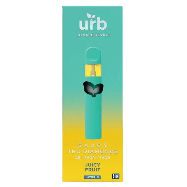URB Saucy THC Diamonds Rechargeable and Disposable Vape Pen 3 Grams infused with D8, liquid diamonds THCA, and THCH - Juicy Fruit (Hybrid) Strain