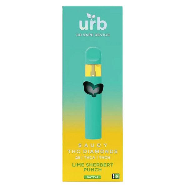 URB Saucy THC Diamonds Rechargeable and Disposable Vape Pen 3 Grams infused with D8, liquid diamonds THCA, and THCH - Lime Sherbert Punch (Sativa) Strain