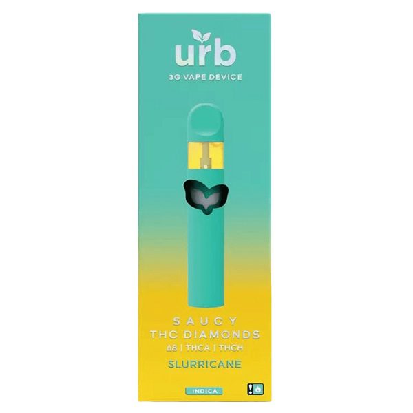 URB Saucy THC Diamonds Rechargeable and Disposable Vape Pen 3 Grams infused with D8, liquid diamonds THCA, and THCH - Slurricane (Indica) Strain