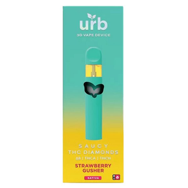 URB Saucy THC Diamonds Rechargeable and Disposable Vape Pen 3 Grams infused with D8, liquid diamonds THCA, and THCH - Strawberry Gusher (Sativa) Strain
