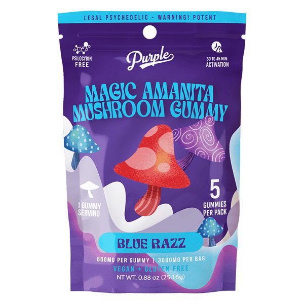 Purple Amanita Mushroom Gummies 3000mg, 600mg per gummy - 5 gummies per pack - Blue Razz Flavor