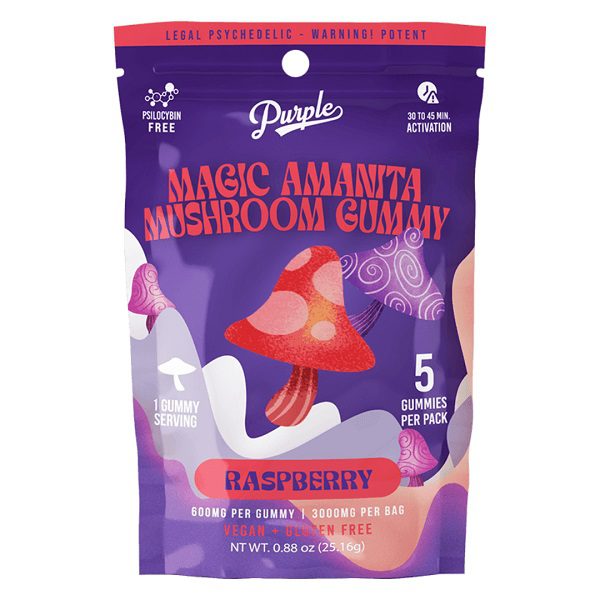 Purple Amanita Mushroom Gummies 3000mg, 600mg per gummy - 5 gummies per pack - Raspberry Flavor