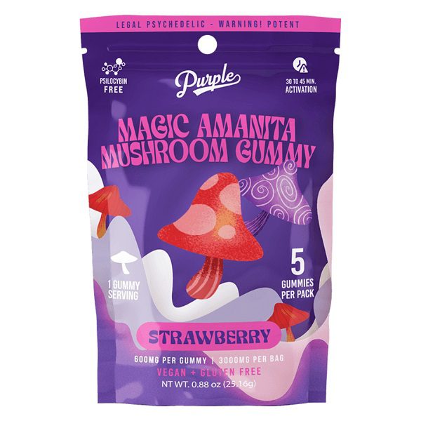 Purple Amanita Mushroom Gummies 3000mg, 600mg per gummy - 5 gummies per pack - Strawberry Flavor