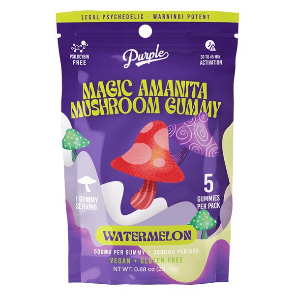 Purple Amanita Mushroom Gummies 3000mg, 600mg per gummy - 5 gummies per pack - Watermelon Flavor