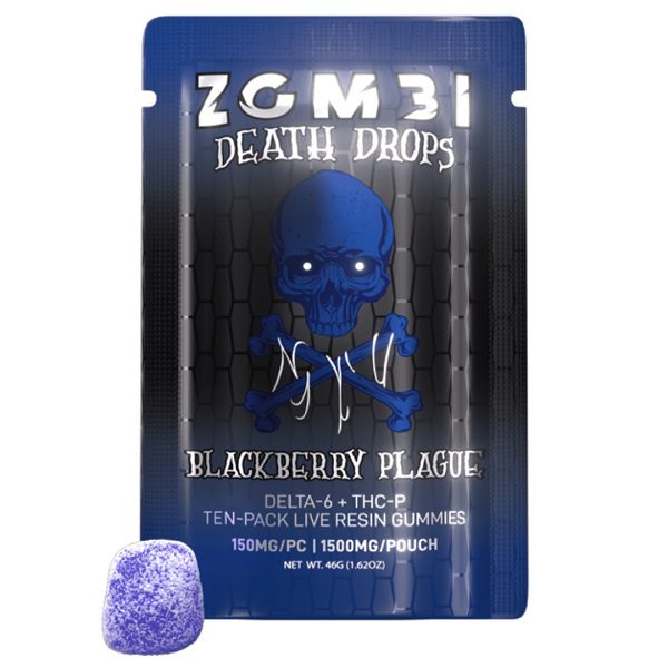 Zombi Death Drops Gummies Delta 6 + THC-P 1500mg - 10 gummies at 150mg per serving - Blackberry Plague Flavor