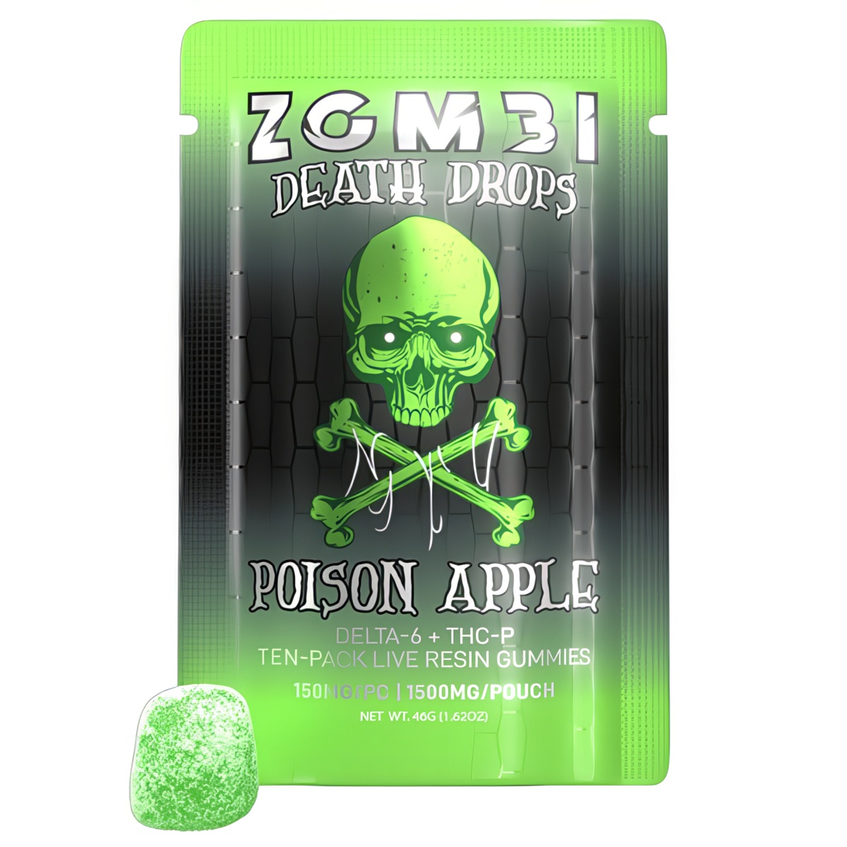 Zombi Death Drops Gummies Delta 6 + THC-P 1500mg - 10 gummies at 150mg per serving - Poison Apple Flavor