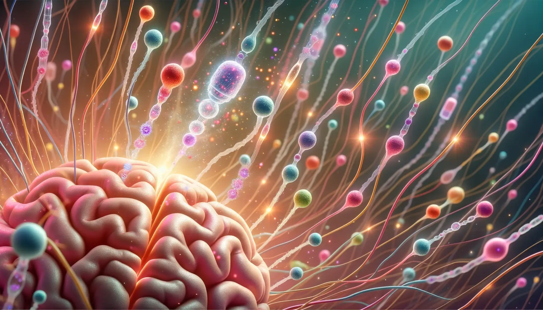 Illustration of a dynamic scene inside the brain, where neurotransmitters are shown as colorful particles flowing between neurons. Some neurotransmitters are seen binding to receptors, sparking electrical impulses, while others are drifting away. The background has a soft glow, emphasizing the importance of these chemical messengers.