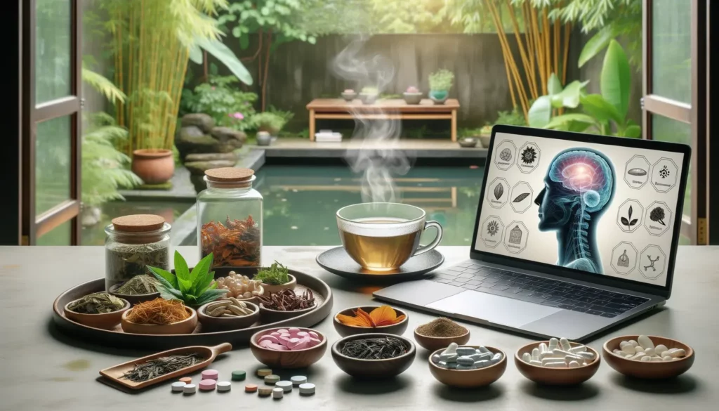 Serene workspace with a laptop open to an article about adaptogens and nootropics. The table also has various adaptogenic herbs like ashwagandha, rhodiola, and ginseng scattered alongside smart pills in a transparent container. A steaming cup of herbal tea is present, with steam gently rising. In the background, there's a window showcasing a calming garden view with bamboo and a koi pond. An infographic on the laptop screen shows the benefits of these substances with brain icons and positive arrows.