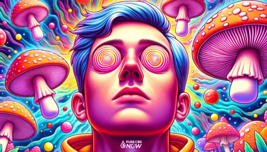 Illustration of a person with closed eyes, experiencing vivid and colorful dreamlike visuals, surrounded by Amanita mushroom-shaped gummies floating in the air.