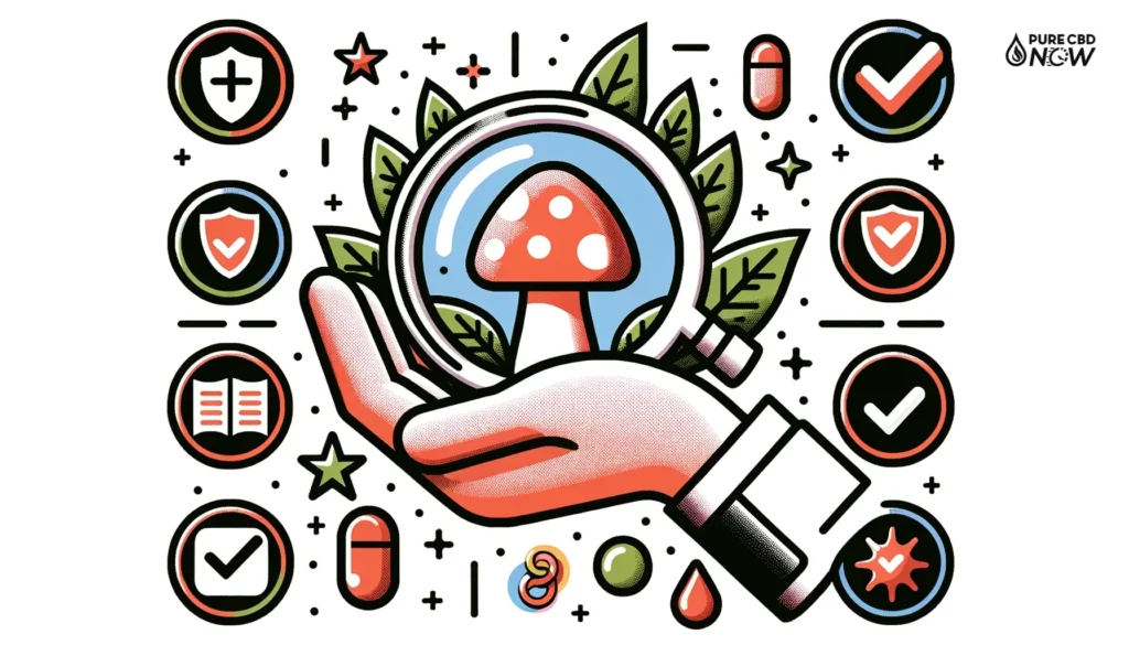 Illustration of a hand holding an 'Amanita Gummy' with a magnifying glass showing its ingredients. Surrounding the hand are safety icons like checkmarks and shields, emphasizing its safety.
