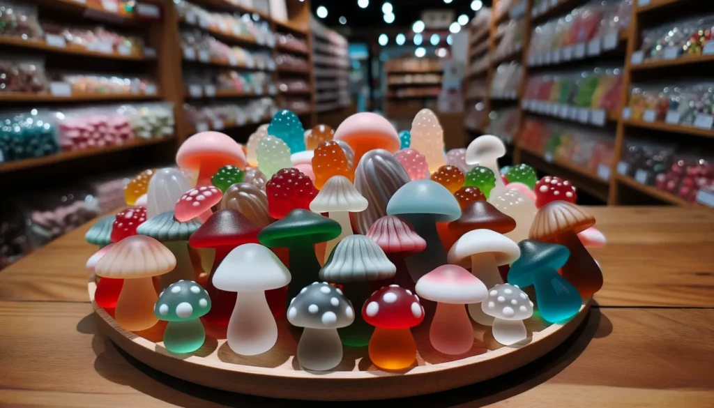 Photo of a variety of mushroom-shaped gummies displayed on a wooden table, with different colors and flavors. Some of the gummies have a translucent appearance, while others are opaque. The background shows a blurred image of a store shelf with other candy products.