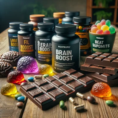 Variety of best nootropic supplements arranged on a wooden table. Among the supplements, there are dark chocolate bars with a label 'Brain Boost', and colorful gummies shaped like brains. The supplements come in different forms, including capsules, tablets, and powders. The setting has a soft lighting, highlighting the products, and there's a hint of greenery in the background.