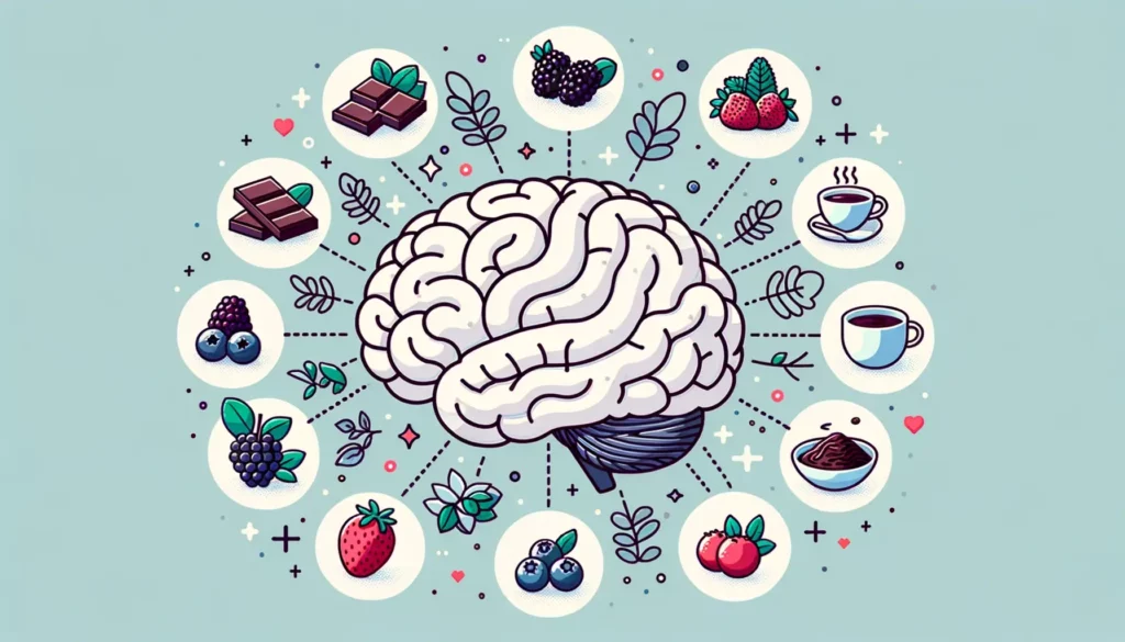 Vector diagram showcasing a brain divided into segments, each labeled with a cognitive benefit. Surrounding the brain are illustrations of foods rich in flavonoids like dark chocolate, berries, and tea, with lines connecting them to the respective benefits they offer.