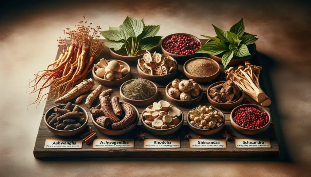 Wooden table displaying a collection of popular adaptogens. There are fresh roots of ashwagandha, rhodiola, and ginseng, as well as dried tulsi (holy basil) leaves and schisandra berries. The adaptogens are artfully arranged with descriptive labels beside each item. The background is a soft, earthy texture with gentle lighting highlighting the adaptogens.