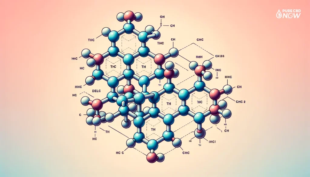 Vector illustration of the Delta 9 THC molecular structure, using standard color coding for atoms. The structure is centered with labels for each atom type, against a soft gradient background.