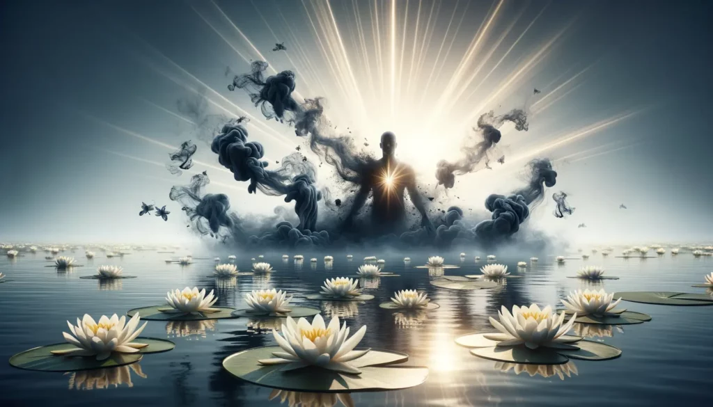 A serene body of water with floating lilies. On the water's surface, dark smoky figures represent free radicals, while radiant beams of light, symbolizing antioxidants, pierce through and dissolve them, indicating the fight against oxidative stress.