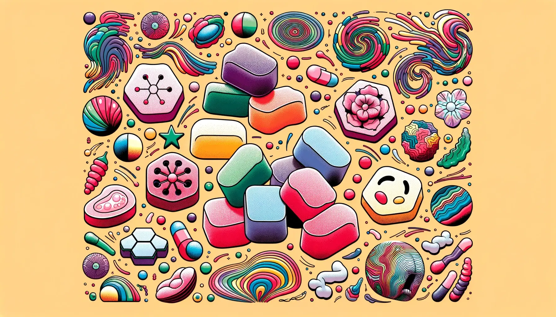 Illustration of muscimol-infused gummies in various flavors and colors. Around them, artistic representations of sensations like relaxation, euphoria, and dizziness are depicted through abstract shapes and patterns.