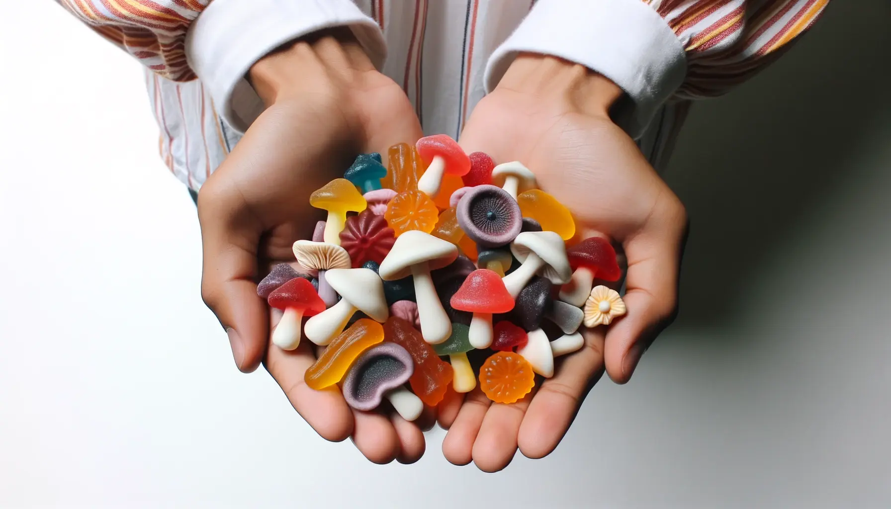 Handful of mushroom gummies held by a person with diverse descent. The gummies vary in size, with some being larger and some smaller. They are vibrant in color, and the background is a simple white to emphasize the gummies.