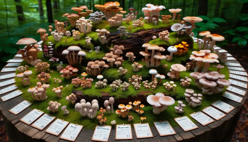 mushroom guide set in a forest environment. Various mushrooms are displayed on mossy logs and the forest floor. Each mushroom has a small label nearby with its name and a brief description.