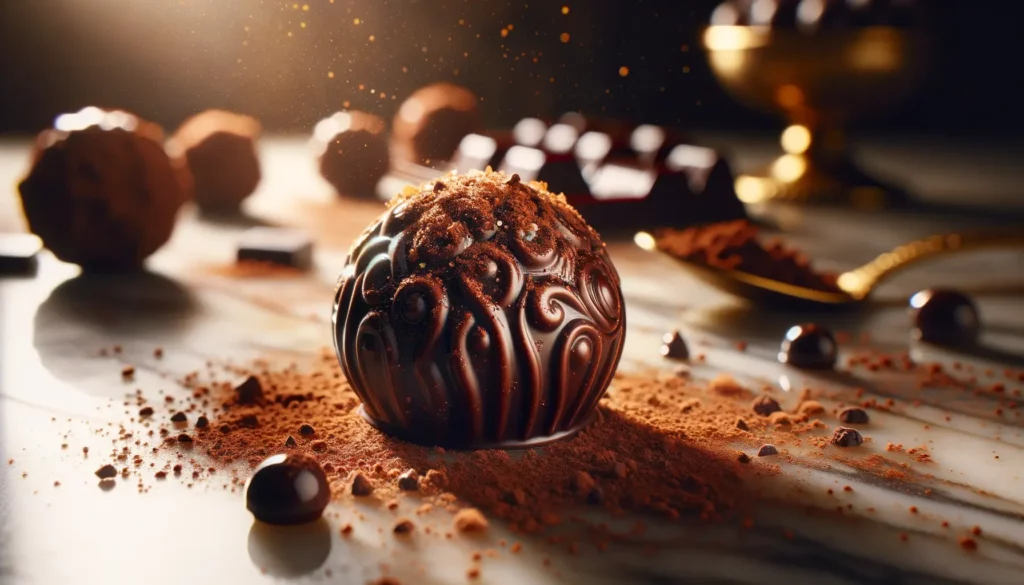 Lavish chocolate truffle with nootropic inclusions, glistening under soft lighting. It's placed on an opulent marble surface with cocoa powder sprinkled around.