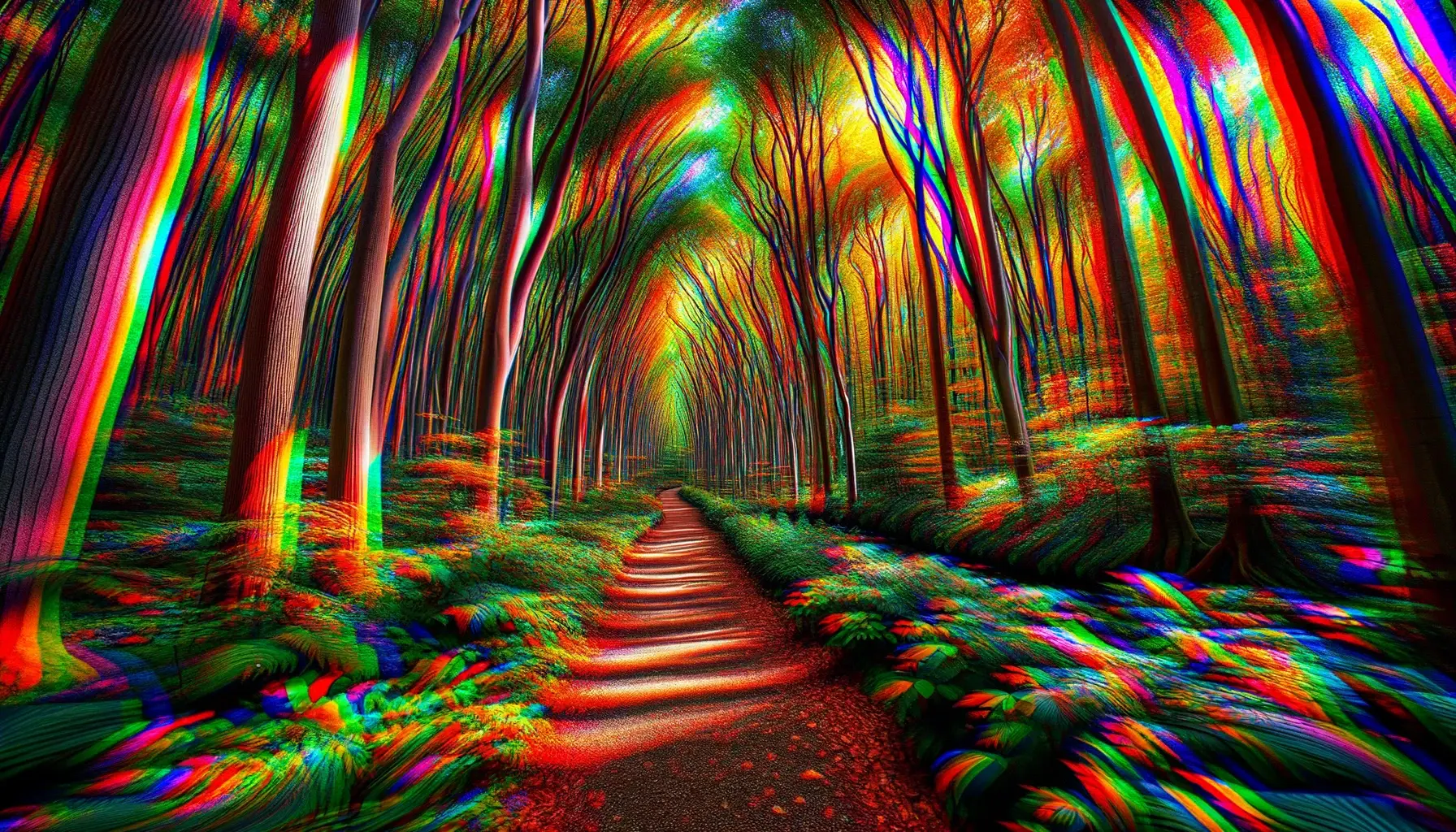 Photo of a forest path where the trees and plants appear to sway and move, their colors intensified, representing the visual distortions of hallucination.