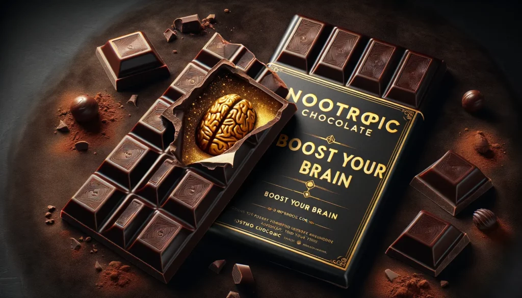 Luxurious dark chocolate bar opened to reveal a golden nootropic infused core. Next to it, there's text that reads: 'Nootropic Chocolate: Boost Your Brain'. The background is a dark, rich velvety texture.